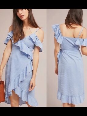 Anthropologie Light Blue Ruffle Wrap Midi Dress - Women's Larege NWT